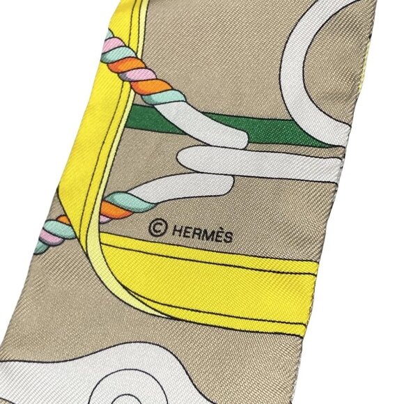 HERMES Twilly  Gray Beige Green Multi - Scarf 224-072225 - Picture 2 of 4